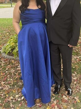 Dessy Collection Strapless Cobalt Blue Satin Evening Dress
